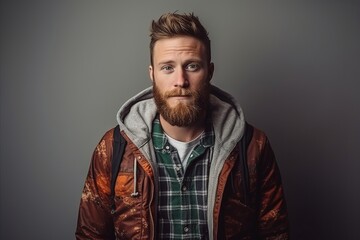 Portrait of a handsome bearded hipster man in a brown jacket.