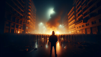 Fototapeta premium Lone Observer at the Forefront of a Fiery Urban Protest at Night