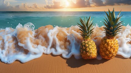 slice pineapple fruit in the side a sand beach, top view, copy space for text - obrazy, fototapety, plakaty