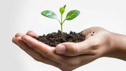Fototapeta na wymiar hand holding coffee plant growing on soil isolated on white background. environment Earth Day In the hands of trees growing seedlings.