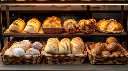 Modern bakery Shop with assortment of bread on shelf.Food concept and business Concept background - obrazy, fototapety, plakaty