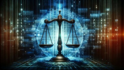 Scales of Law Against Binary Code Background. Cyber Justice Concept