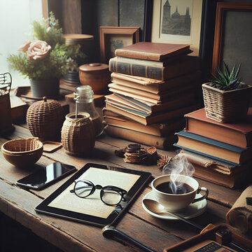 Pile of Books, Reading Eyeglasses Glasses and Steaming Hot Coffee from Beans or Tea on Old Wooden Table with Cactus Succulent Plant Near a Window with Beautiful Warm Morning Light Day Casting Shadows