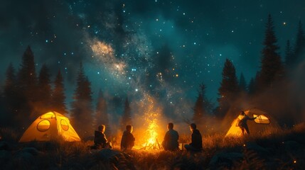A joyful family gathered around a campfire in the heart of the forest, sharing stories under the starlit sky, capturing the essence of camping.