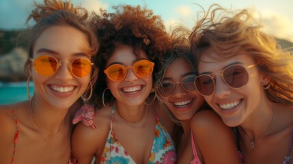 Four lovely young women in swimwear taking a selfie while having fun together at the swimming pool outdoors - obrazy, fototapety, plakaty
