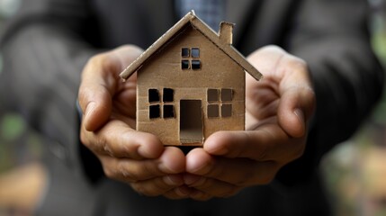 A person in a business suit holding a cardboard cutout of a house in their hands.