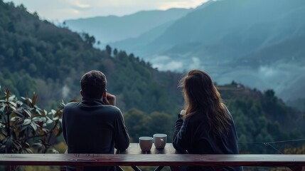 Boy and girl sitting on the balcony enjoying coffee looking at the mountain view, AI generated Image