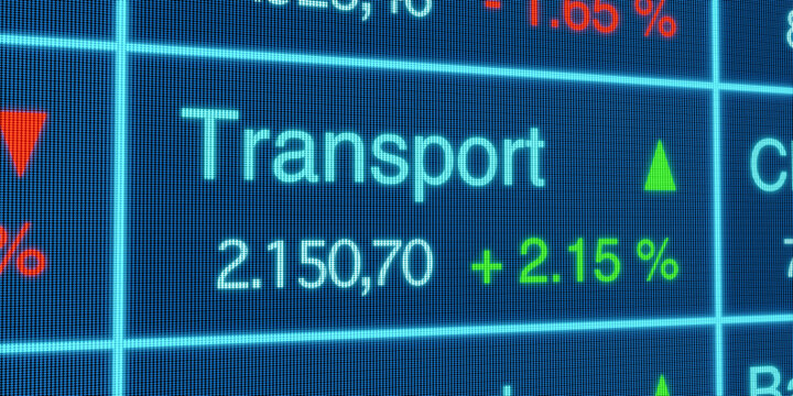 Transport sector stock index. Stock market data, tramsport stocks price information, percentage changes, blue screen. Stock exchange, business, trading board. 3D illustration