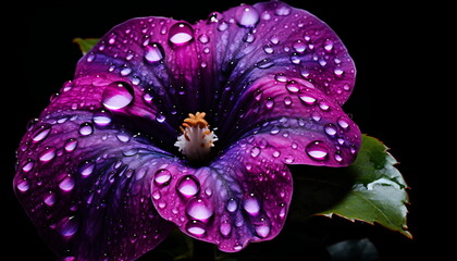 a purple flower sitting up above water drops, generative ai