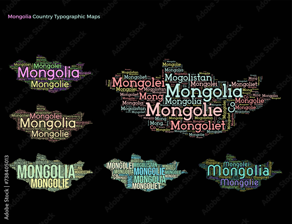 Poster mongolia. set of typography style country illustrations. mongolia map shape build of horizontal and 
