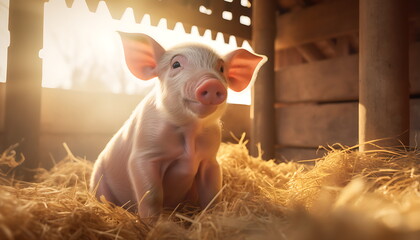 a small pig in the style of cute lies inside a barn, generative ai