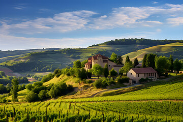 Fototapeta na wymiar Enchanting Panorama of a Tranquil French Countryside Adorned with Lavender Fields, Vineyards, and Quaint Stone Houses