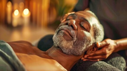 Elderly black man enjoying relaxing lying down with his head massaged by someone, at spa have light candle and aromatic