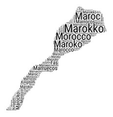 Black and white word cloud in Morocco shape. Simple typography style country illustration. Plain Morocco black text cloud on white background. Vector illustration.