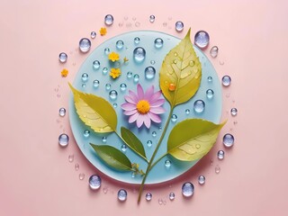 compositions featuring water droplets on leaf surfaces and floral elements arranged against pastel-colored backgrounds, evoking a sense of freshness and tranquility