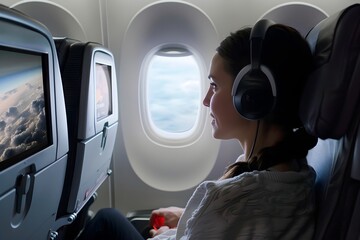 Woman watching movie on entertainment on plane 
