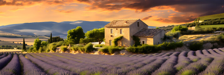 Enchanting Panorama of a Tranquil French Countryside Adorned with Lavender Fields, Vineyards, and...