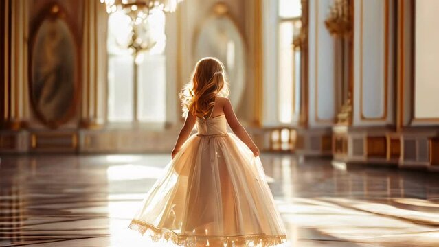 Beautiful little girl in a long white dress in the palace.