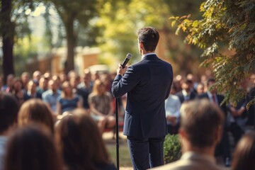 Man politician doing a speech outdoor in front of a crowd of members of a political party at an outdoor public