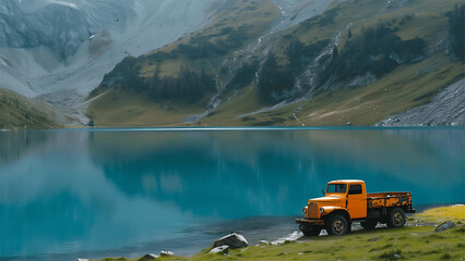 Truck on the background of a mountain lake. 3d rendering
