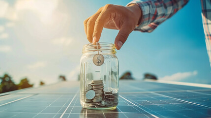 Close-up da mão de um homem com dinheiro em uma jarra de vidro e moedas em painéis solares, simbolizando o investimento em energia sustentável - obrazy, fototapety, plakaty