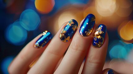 close-up view of a hand featuring mesmerizing dark blue chrome nails adorned with delicate golden motives