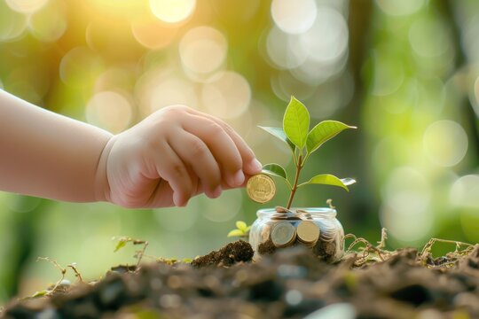 Image of a cute girl putting coins into a jar. Green forest background with morning light bokeh.