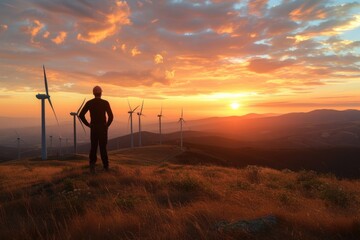 Engineer standing on the hill Windmills lined up and looking at the beautiful sunset landscape