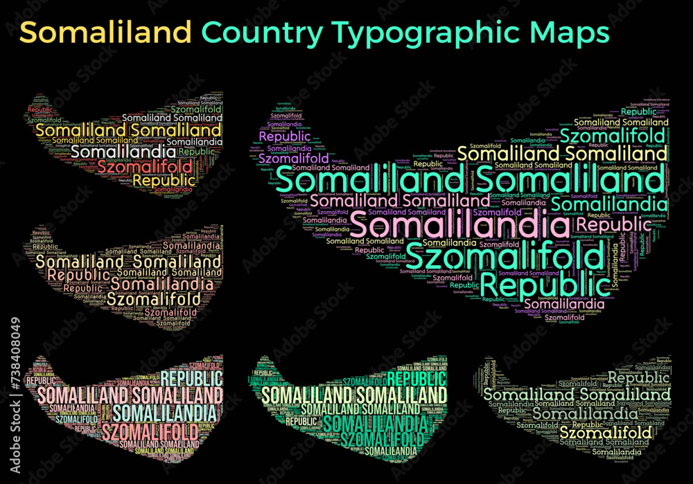 Poster somaliland. set of typography style country illustrations. somaliland map shape built of horizontal 