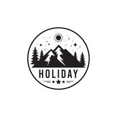 Holiday logo in simple minimalist style, with a mountain silhouette. Vintage logo.