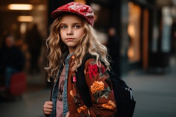 Portrait of a cute little girl with long blond hair in a red beret and coat on the street.