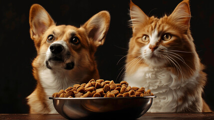  Dog and a cat sitting side by side, eagerly eyeing a bowl filled with delicious food in front of them