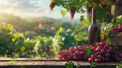 bunches of grapes near a bottle of wine in a vineyard.