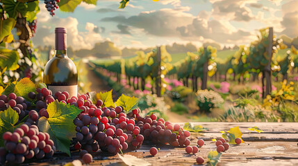 bunches of grapes near a bottle of wine in a vineyard.