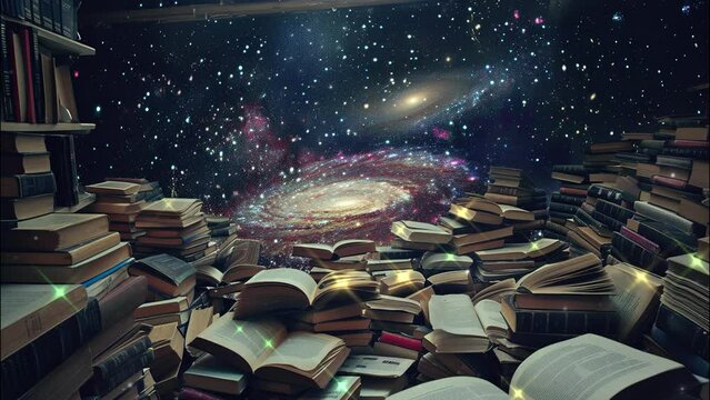stack of books galaxy cosmos fantasy background