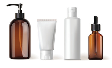 Realistic bottle cosmetics set, packaging mockup, vector