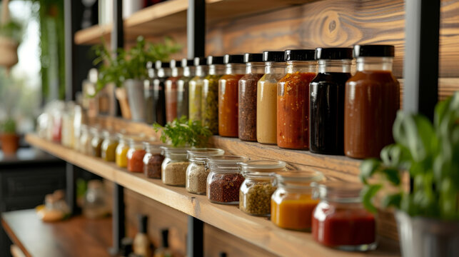 The shelves lined with various sauces condiments and dressings adding flavor and variety to meals.