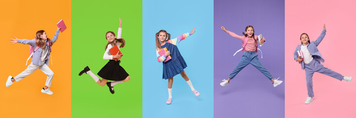 Schoolgirl on color backgrounds, set of photos