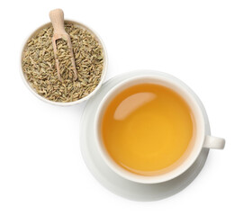 Aromatic fennel tea in cup, seeds and scoop isolated on white, top view