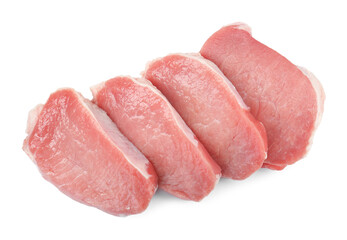 Pieces of raw pork meat isolated on white, top view