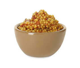Fresh whole grain mustard in bowl isolated on white
