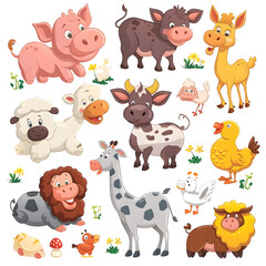 Obraz premium Set of cute farm animals pack sticker style on transparent background - Ai generated