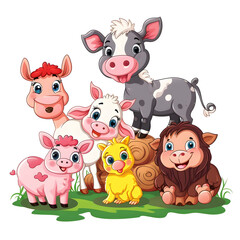 Set of cute farm animals pack sticker style on transparent background - Ai generated