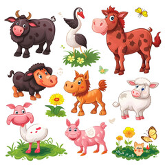 Set of cute farm animals pack sticker style on transparent background - Ai generated