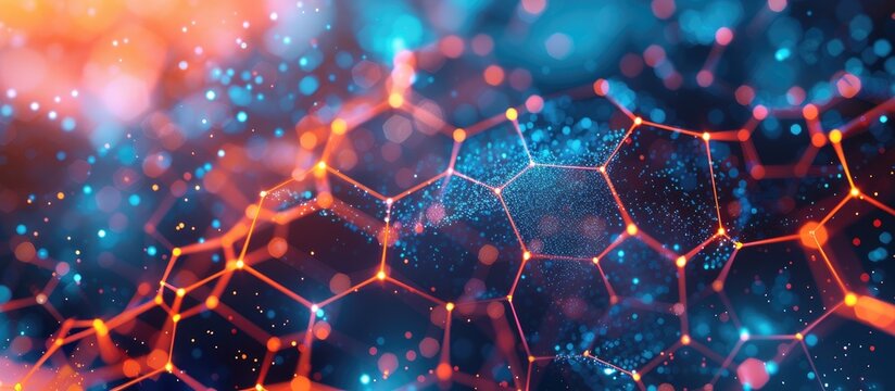 Graphene, a hexagonal atomic structure, is a scientific breakthrough in molecular chemistry, with abstract honeycomb shapes made of glowing neon particles.