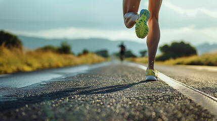 foto de pernas correndo em roupas esportivas ao longo de uma longa estrada
