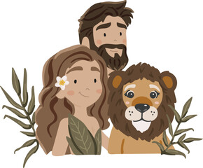 Adam and Eve and the animals, kids illustration, bible history