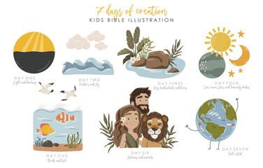 7 days of God's creation, boho silhouette, christian illustration, kids bible vector