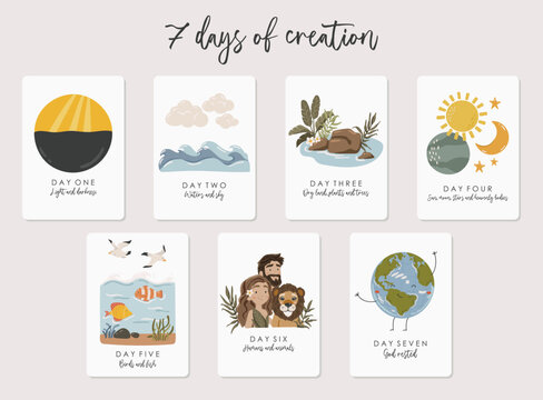 7 days of God's creation, boho silhouette, christian illustration, kids bible vector
