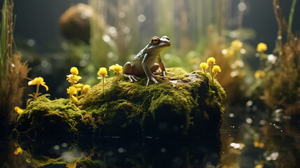 a frog sits in the water with green vegetation, generative ai - obrazy, fototapety, plakaty